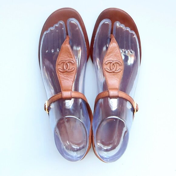 Chanel Brown Leather T-Strap Sandals Rare Minimalist Designer Summer Flats Shoes - Picture 3 of 16